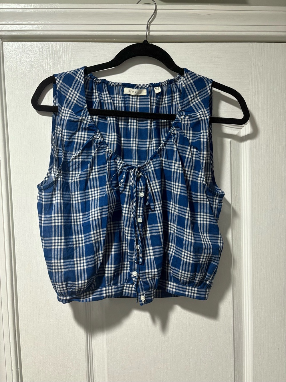 DÔEN Theo top - Blue and White Plaid Tie-Front Sleeveless Top